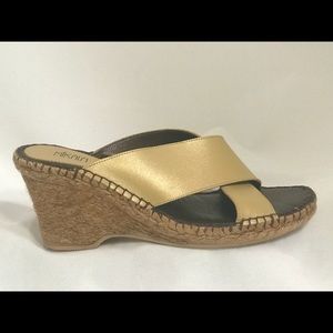 Mikala Made in Spain gold leather wedge sandals